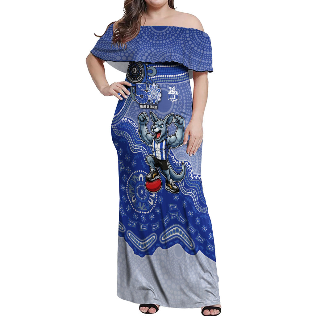 Personalized Kangaroos Football Mascot Off Shoulder Maxi Dress Aboriginal Dot Art Style Vibrant Indigenous Pattern Design