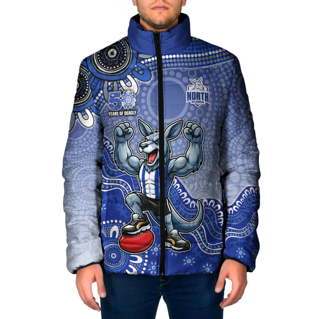Personalized Kangaroos Football Mascot Padded Jacket Aboriginal Dot Art Style Vibrant Indigenous Pattern Design