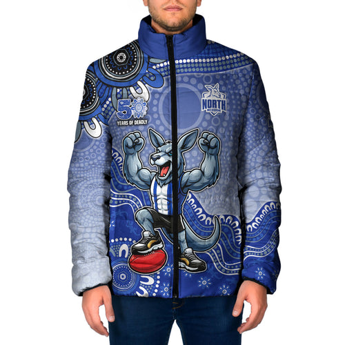 Personalized Kangaroos Football Mascot Padded Jacket Aboriginal Dot Art Style Vibrant Indigenous Pattern Design