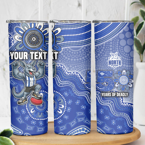 Personalized Kangaroos Football Mascot Skinny Tumbler Aboriginal Dot Art Style Vibrant Indigenous Pattern Design