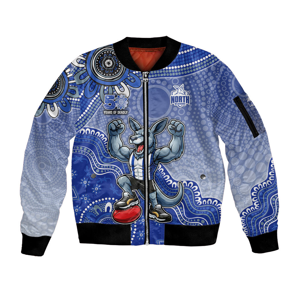 Personalized Kangaroos Football Mascot Sleeve Zip Bomber Jacket Aboriginal Dot Art Style Vibrant Indigenous Pattern Design