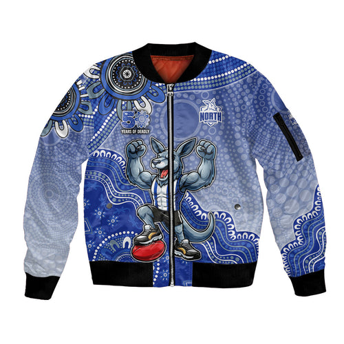 Personalized Kangaroos Football Mascot Sleeve Zip Bomber Jacket Aboriginal Dot Art Style Vibrant Indigenous Pattern Design