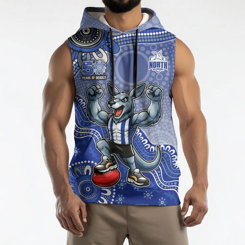 Personalized Kangaroos Football Mascot Sleeveless Hoodie Aboriginal Dot Art Style Vibrant Indigenous Pattern Design