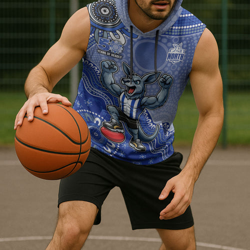 Personalized Kangaroos Football Mascot Sleeveless Hoodie Aboriginal Dot Art Style Vibrant Indigenous Pattern Design