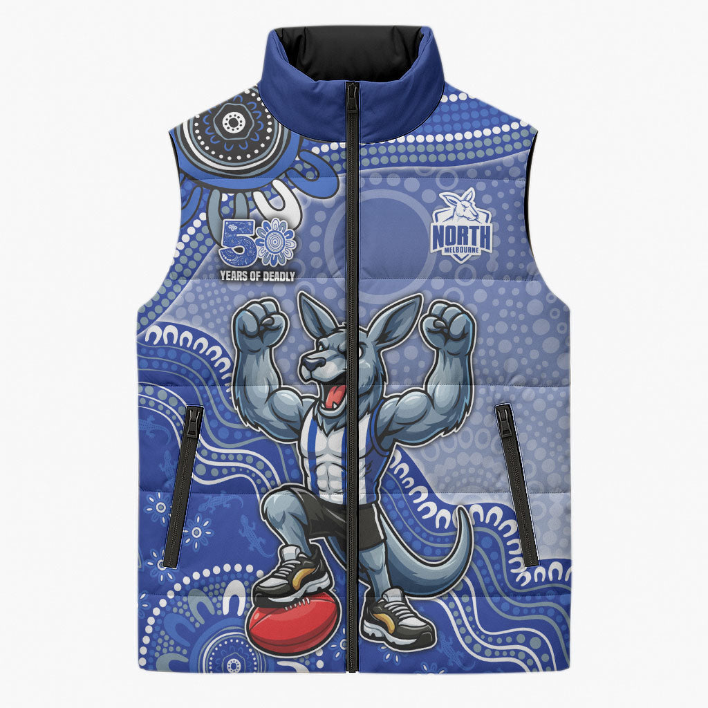 Personalized Kangaroos Football Mascot Sleeveless Puffer Jacket Aboriginal Dot Art Style Vibrant Indigenous Pattern Design