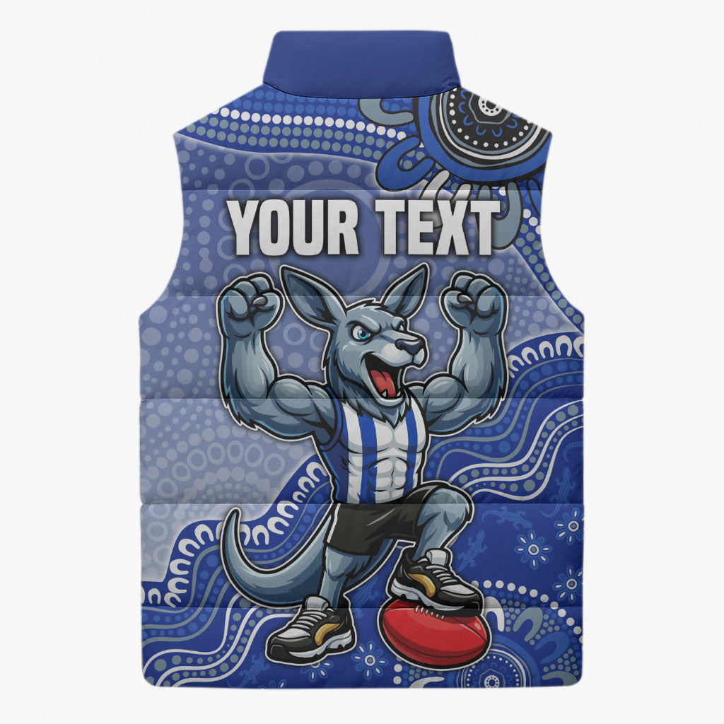 Personalized Kangaroos Football Mascot Sleeveless Puffer Jacket Aboriginal Dot Art Style Vibrant Indigenous Pattern Design