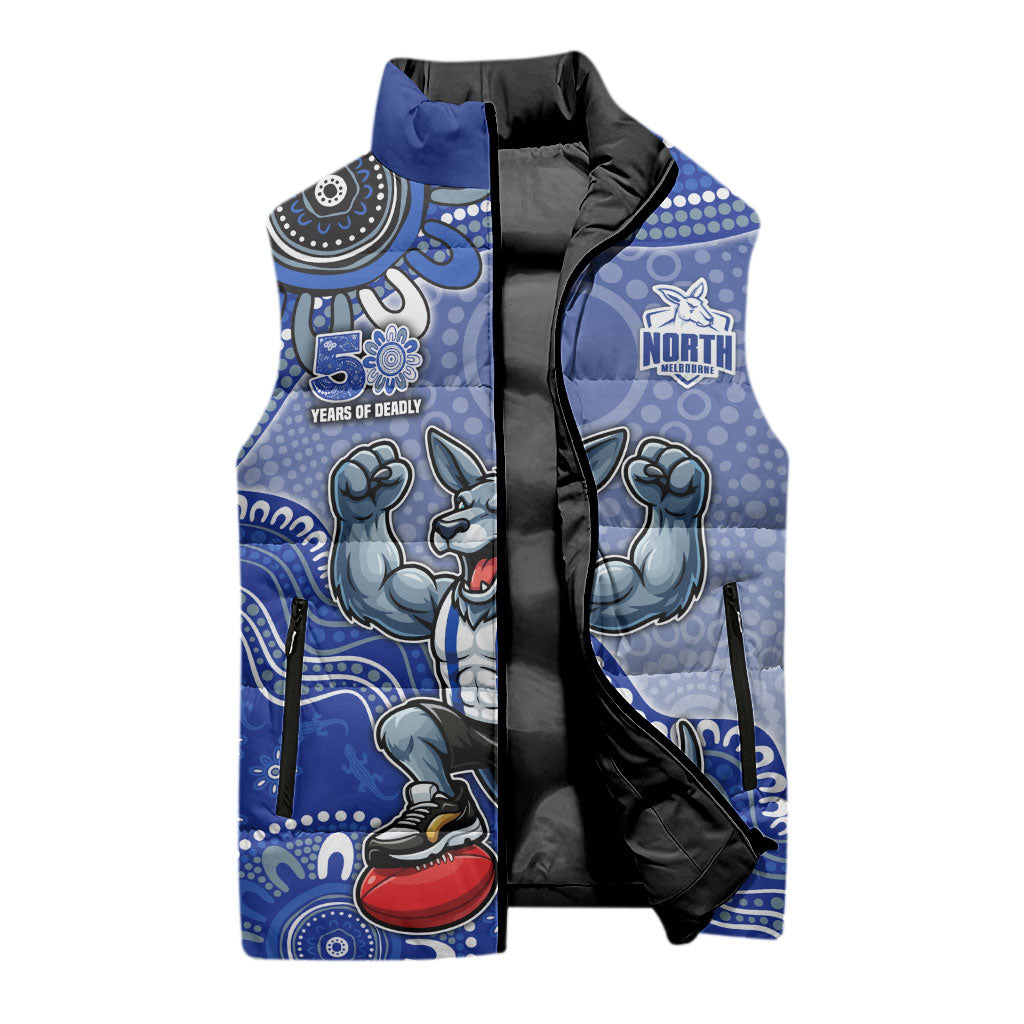 Personalized Kangaroos Football Mascot Sleeveless Puffer Jacket Aboriginal Dot Art Style Vibrant Indigenous Pattern Design