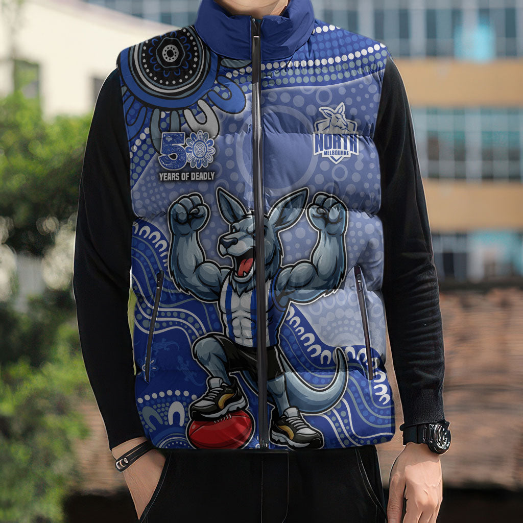 Personalized Kangaroos Football Mascot Sleeveless Puffer Jacket Aboriginal Dot Art Style Vibrant Indigenous Pattern Design