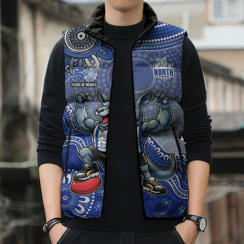 Personalized Kangaroos Football Mascot Sleeveless Puffer Jacket Aboriginal Dot Art Style Vibrant Indigenous Pattern Design
