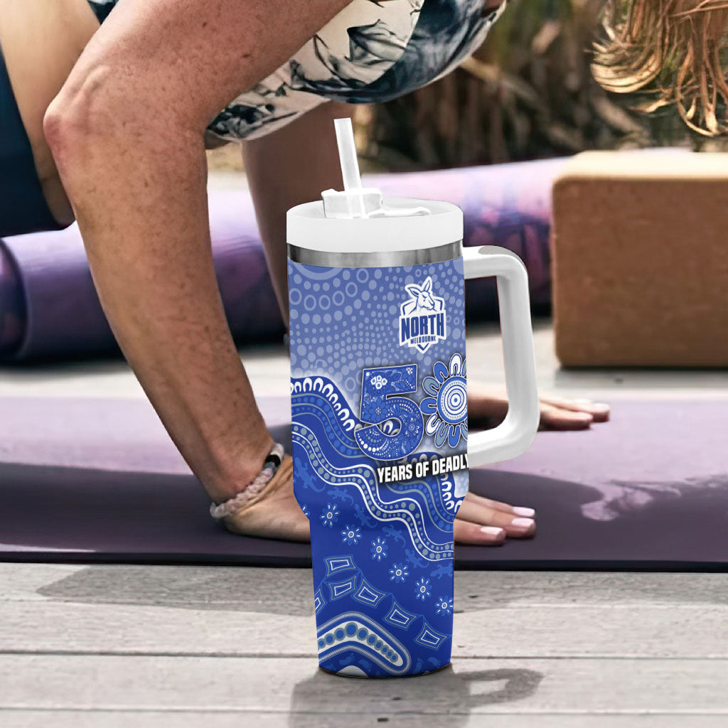 Personalized Kangaroos Football Mascot Tumbler With Handle Aboriginal Dot Art Style Vibrant Indigenous Pattern Design