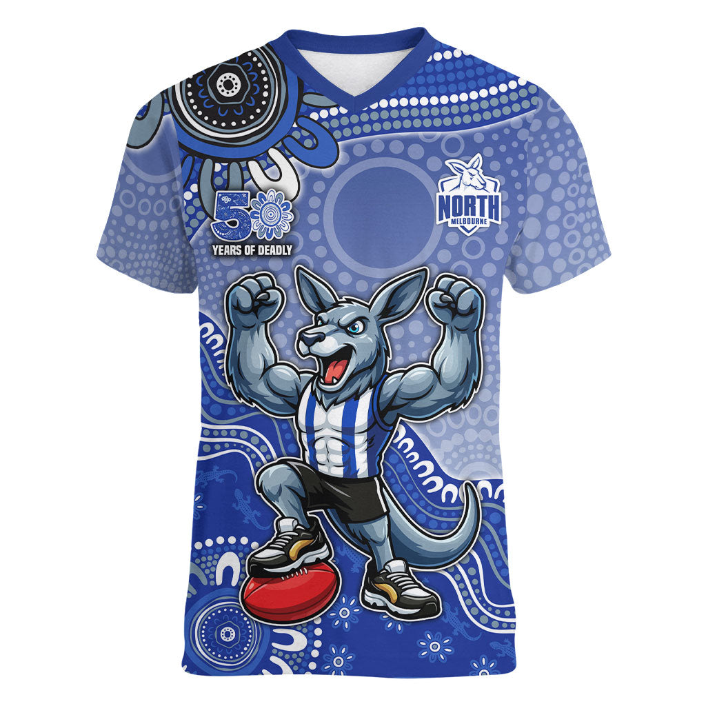 Personalized Kangaroos Football Mascot Women V-Neck T-Shirt Aboriginal Dot Art Style Vibrant Indigenous Pattern Design