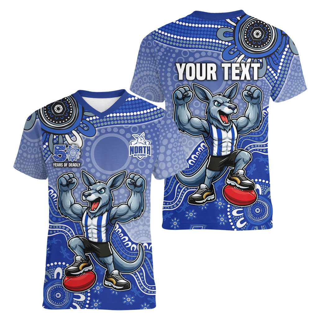 Personalized Kangaroos Football Mascot Women V-Neck T-Shirt Aboriginal Dot Art Style Vibrant Indigenous Pattern Design