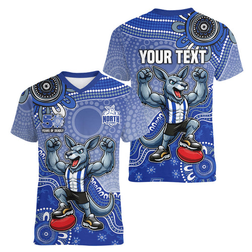 Personalized Kangaroos Football Mascot Women V-Neck T-Shirt Aboriginal Dot Art Style Vibrant Indigenous Pattern Design
