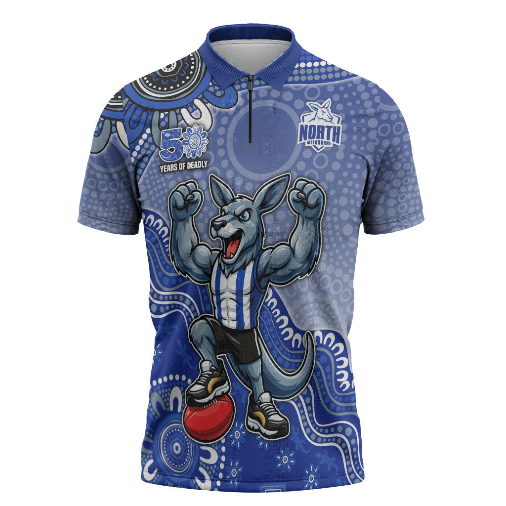 Personalized Kangaroos Football Mascot Zipper Polo Shirt Aboriginal Dot Art Style Vibrant Indigenous Pattern Design