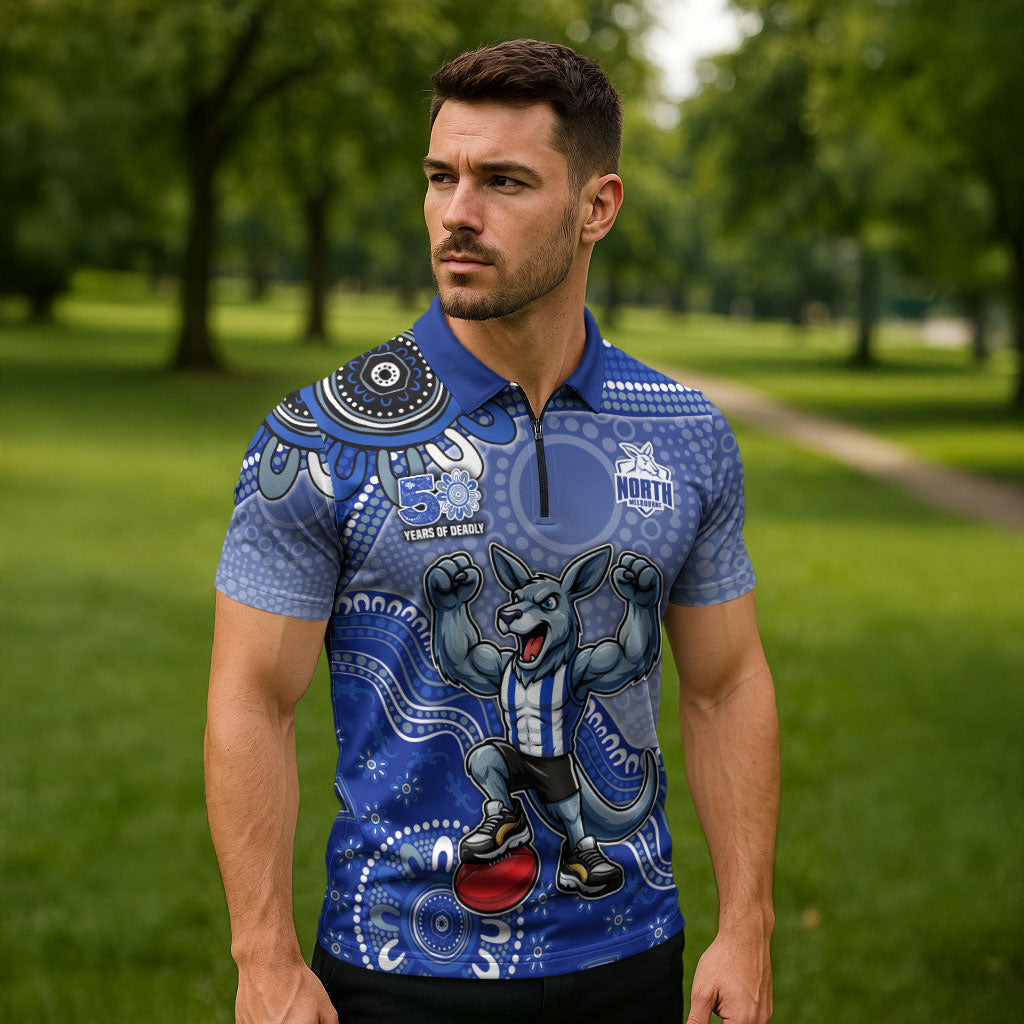 Personalized Kangaroos Football Mascot Zipper Polo Shirt Aboriginal Dot Art Style Vibrant Indigenous Pattern Design