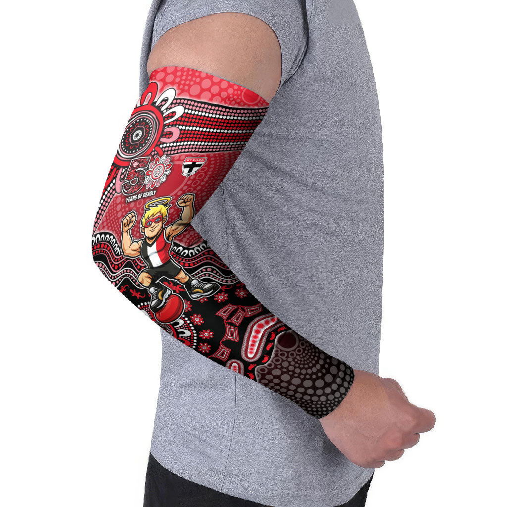 Personalized St Kilda Saints Football Mascot Arm Sleeves Aboriginal Dot Art Style Vibrant Indigenous Pattern Design