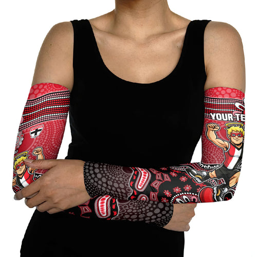 Personalized St Kilda Saints Football Mascot Arm Sleeves Aboriginal Dot Art Style Vibrant Indigenous Pattern Design