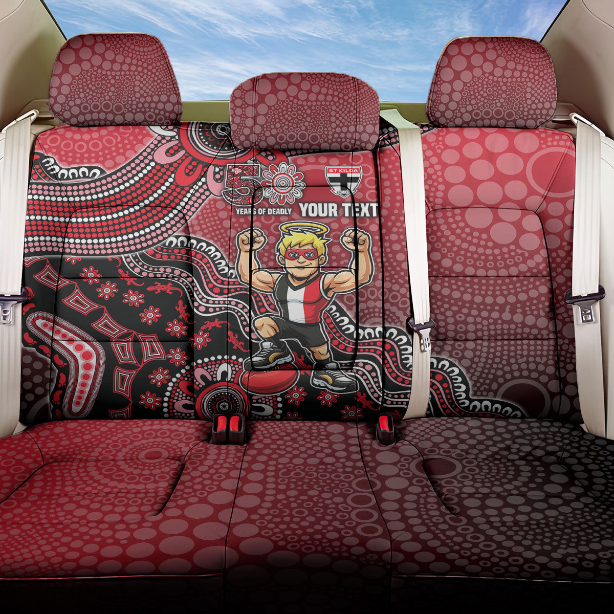 Personalized St Kilda Saints Football Mascot Back Car Seat Cover Aboriginal Dot Art Style Vibrant Indigenous Pattern Design