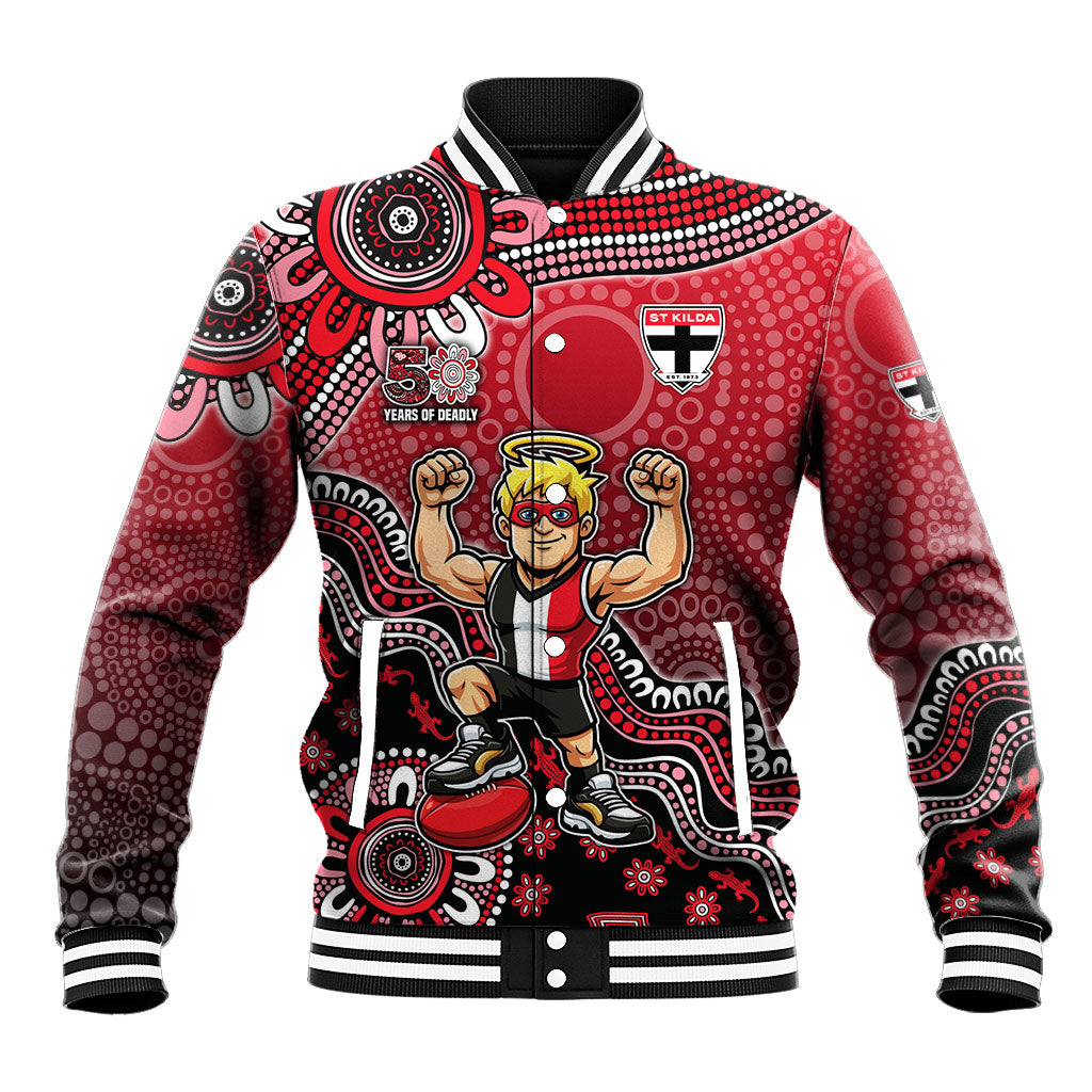 Personalized St Kilda Saints Football Mascot Baseball Jacket Aboriginal Dot Art Style Vibrant Indigenous Pattern Design