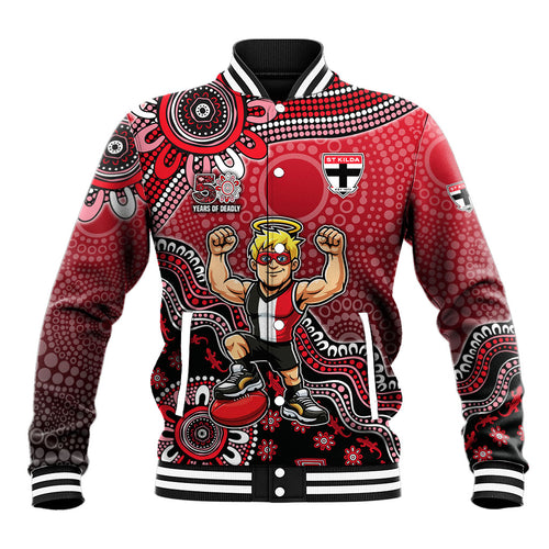 Personalized St Kilda Saints Football Mascot Baseball Jacket Aboriginal Dot Art Style Vibrant Indigenous Pattern Design