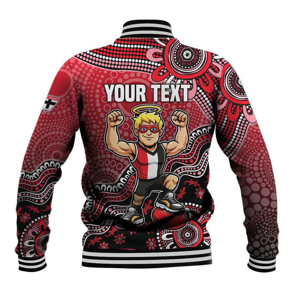 Personalized St Kilda Saints Football Mascot Baseball Jacket Aboriginal Dot Art Style Vibrant Indigenous Pattern Design