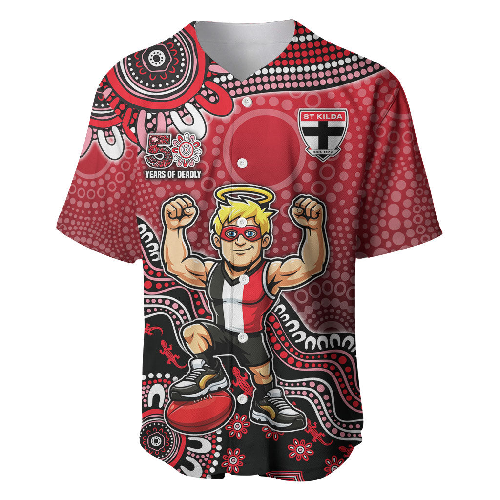Personalized St Kilda Saints Football Mascot Baseball Jersey Aboriginal Dot Art Style Vibrant Indigenous Pattern Design