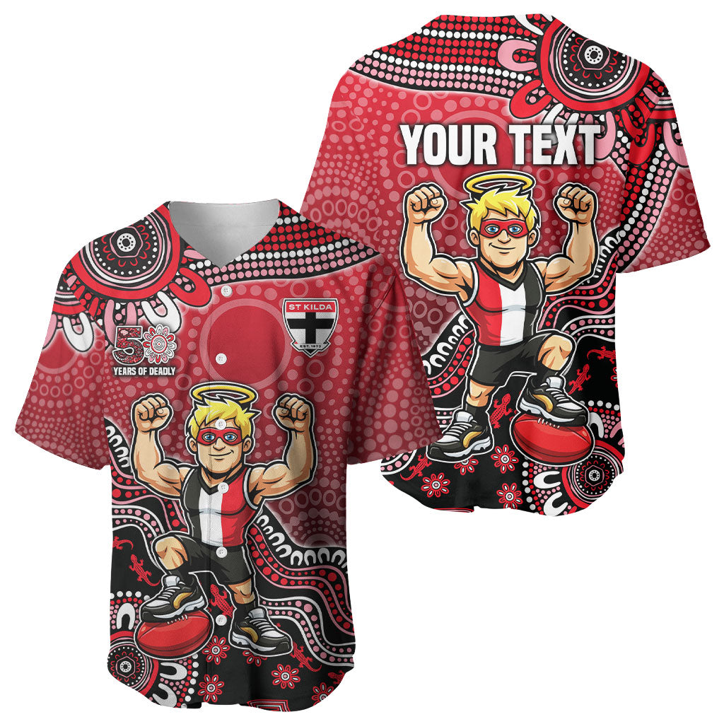 Personalized St Kilda Saints Football Mascot Baseball Jersey Aboriginal Dot Art Style Vibrant Indigenous Pattern Design