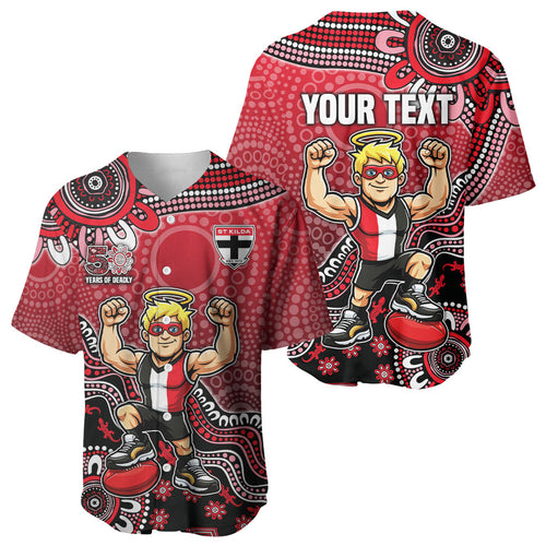 Personalized St Kilda Saints Football Mascot Baseball Jersey Aboriginal Dot Art Style Vibrant Indigenous Pattern Design