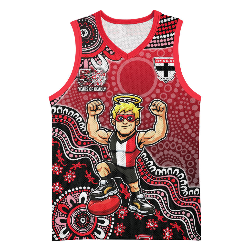 Personalized St Kilda Saints Football Mascot Basketball Jersey Aboriginal Dot Art Style Vibrant Indigenous Pattern Design