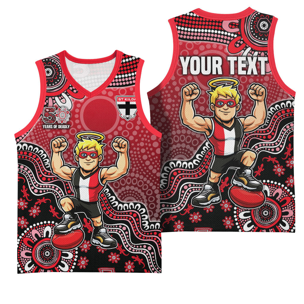 Personalized St Kilda Saints Football Mascot Basketball Jersey Aboriginal Dot Art Style Vibrant Indigenous Pattern Design