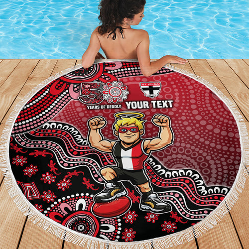 Personalized St Kilda Saints Football Mascot Beach Blanket Aboriginal Dot Art Style Vibrant Indigenous Pattern Design