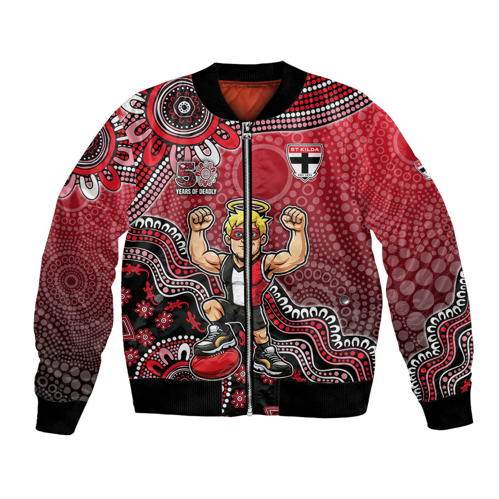 Personalized St Kilda Saints Football Mascot Bomber Jacket Aboriginal Dot Art Style Vibrant Indigenous Pattern Design