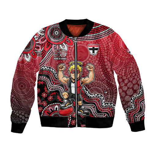 Personalized St Kilda Saints Football Mascot Bomber Jacket Aboriginal Dot Art Style Vibrant Indigenous Pattern Design
