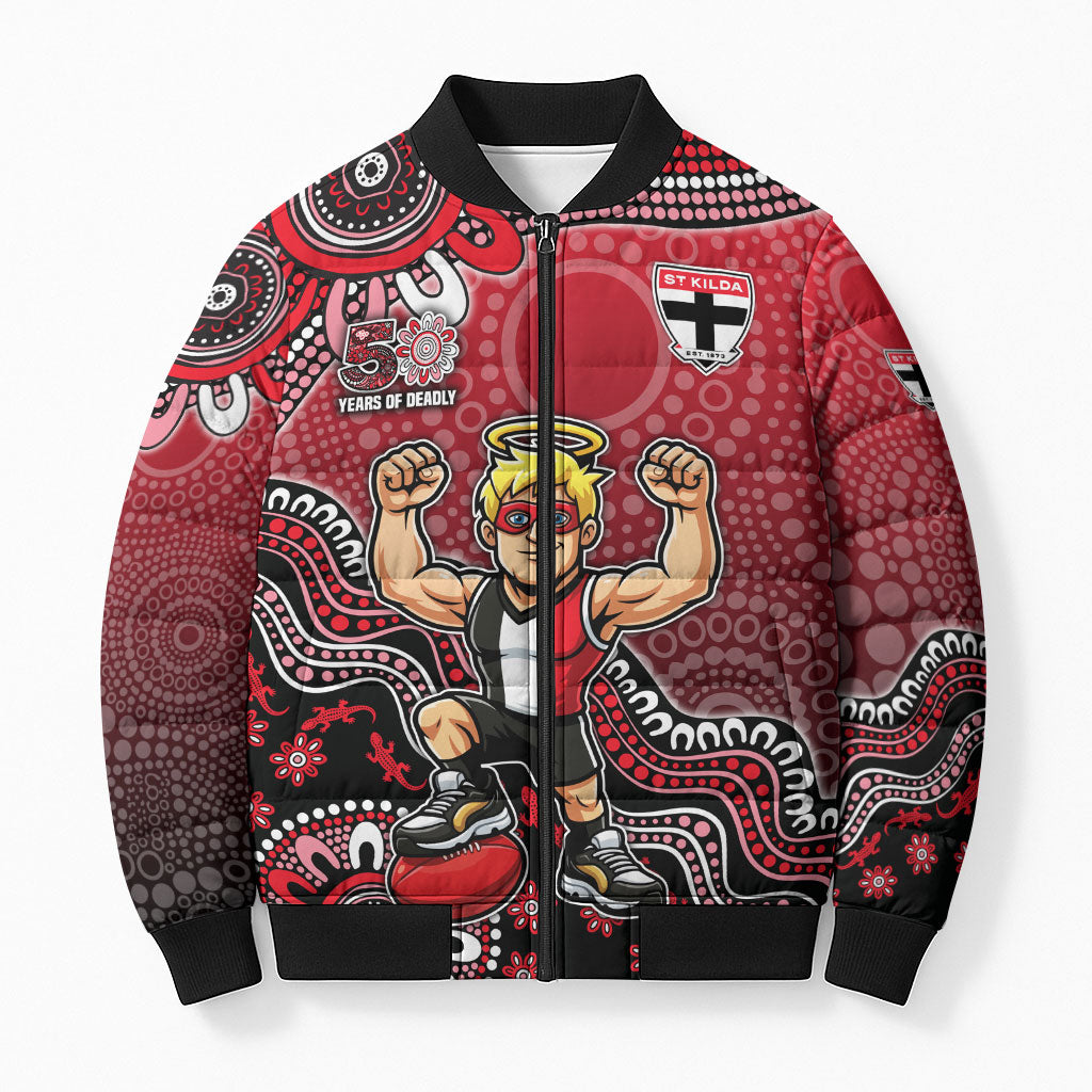 Personalized St Kilda Saints Football Mascot Bomber Puffer Jacket Aboriginal Dot Art Style Vibrant Indigenous Pattern Design
