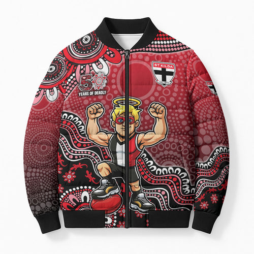 Personalized St Kilda Saints Football Mascot Bomber Puffer Jacket Aboriginal Dot Art Style Vibrant Indigenous Pattern Design