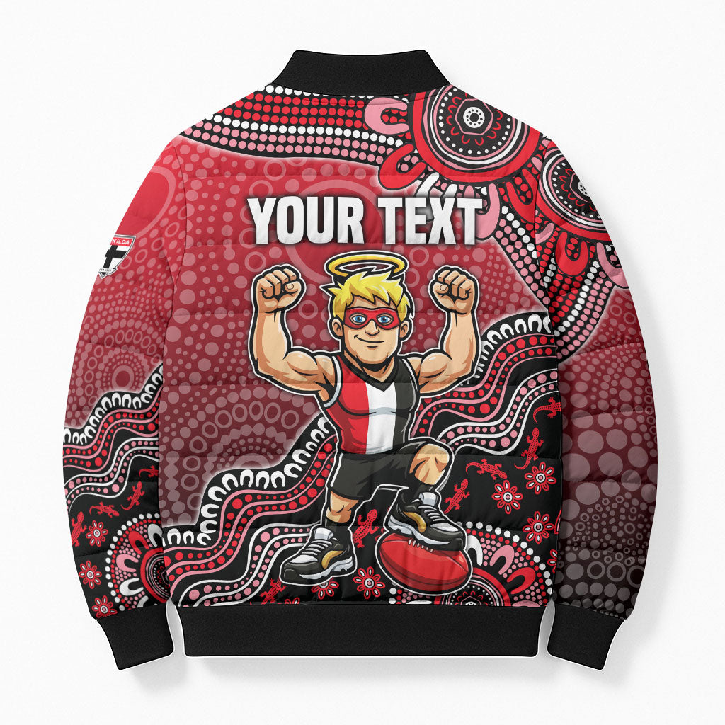 Personalized St Kilda Saints Football Mascot Bomber Puffer Jacket Aboriginal Dot Art Style Vibrant Indigenous Pattern Design