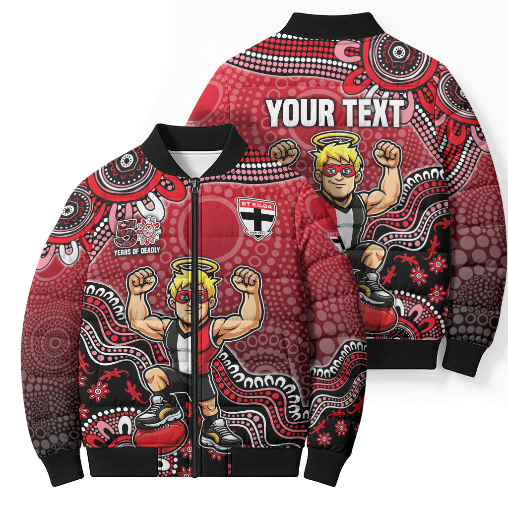 Personalized St Kilda Saints Football Mascot Bomber Puffer Jacket Aboriginal Dot Art Style Vibrant Indigenous Pattern Design