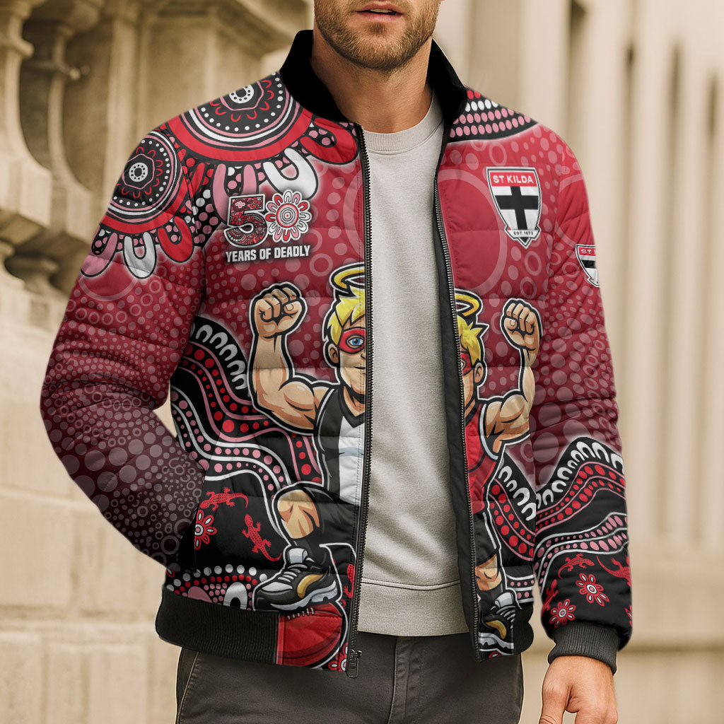 Personalized St Kilda Saints Football Mascot Bomber Puffer Jacket Aboriginal Dot Art Style Vibrant Indigenous Pattern Design
