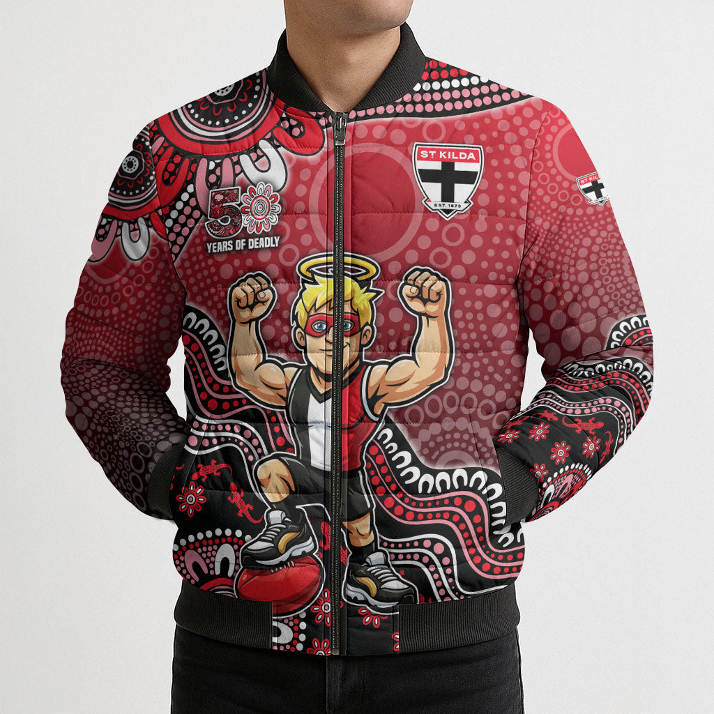 Personalized St Kilda Saints Football Mascot Bomber Puffer Jacket Aboriginal Dot Art Style Vibrant Indigenous Pattern Design
