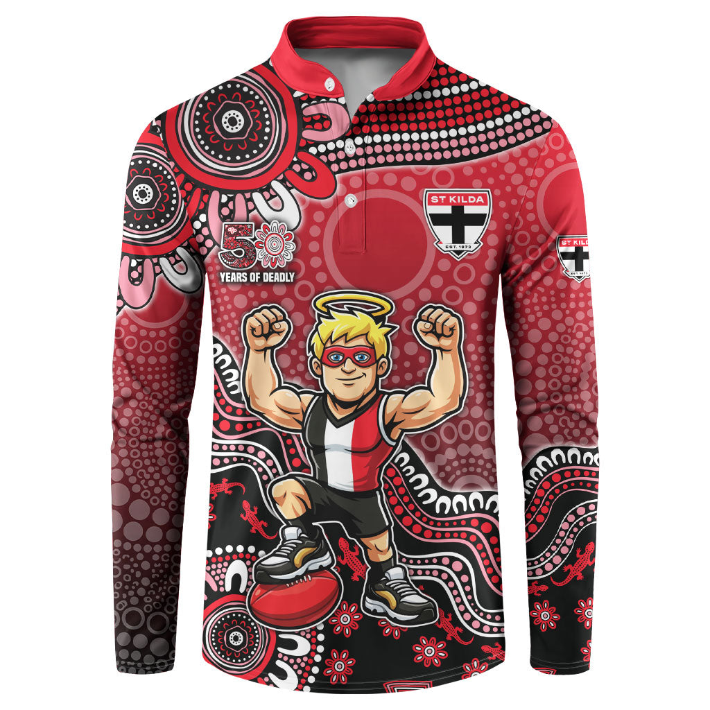 Personalized St Kilda Saints Football Mascot Button Sweatshirt Aboriginal Dot Art Style Vibrant Indigenous Pattern Design