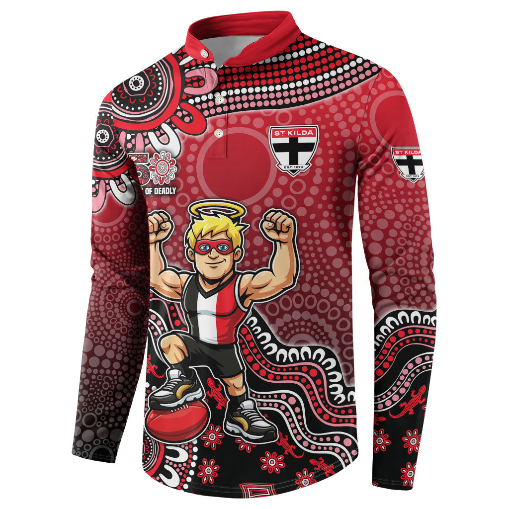 Personalized St Kilda Saints Football Mascot Button Sweatshirt Aboriginal Dot Art Style Vibrant Indigenous Pattern Design