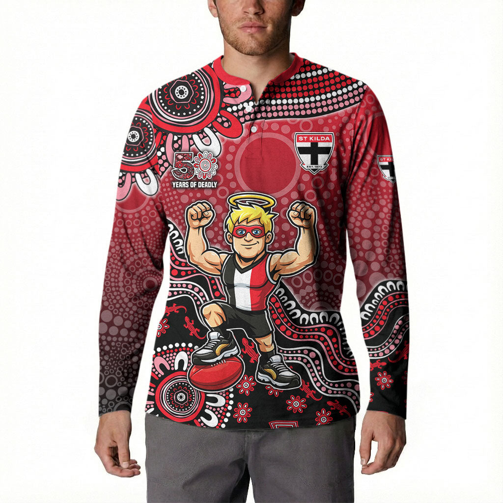 Personalized St Kilda Saints Football Mascot Button Sweatshirt Aboriginal Dot Art Style Vibrant Indigenous Pattern Design