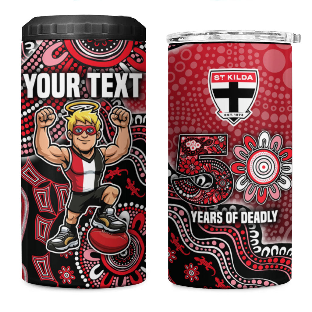 Personalized St Kilda Saints Football Mascot 4 in 1 Can Cooler Tumbler Aboriginal Dot Art Style Vibrant Indigenous Pattern Design