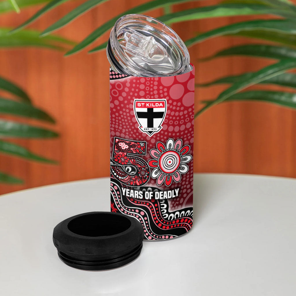 Personalized St Kilda Saints Football Mascot 4 in 1 Can Cooler Tumbler Aboriginal Dot Art Style Vibrant Indigenous Pattern Design