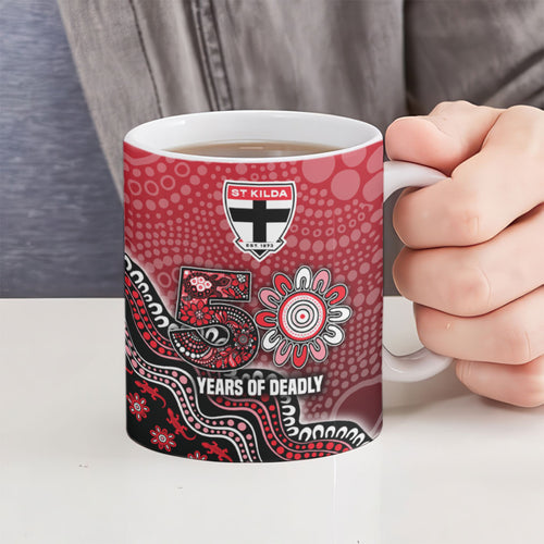 Personalized St Kilda Saints Football Mascot Ceramic Mug Aboriginal Dot Art Style Vibrant Indigenous Pattern Design