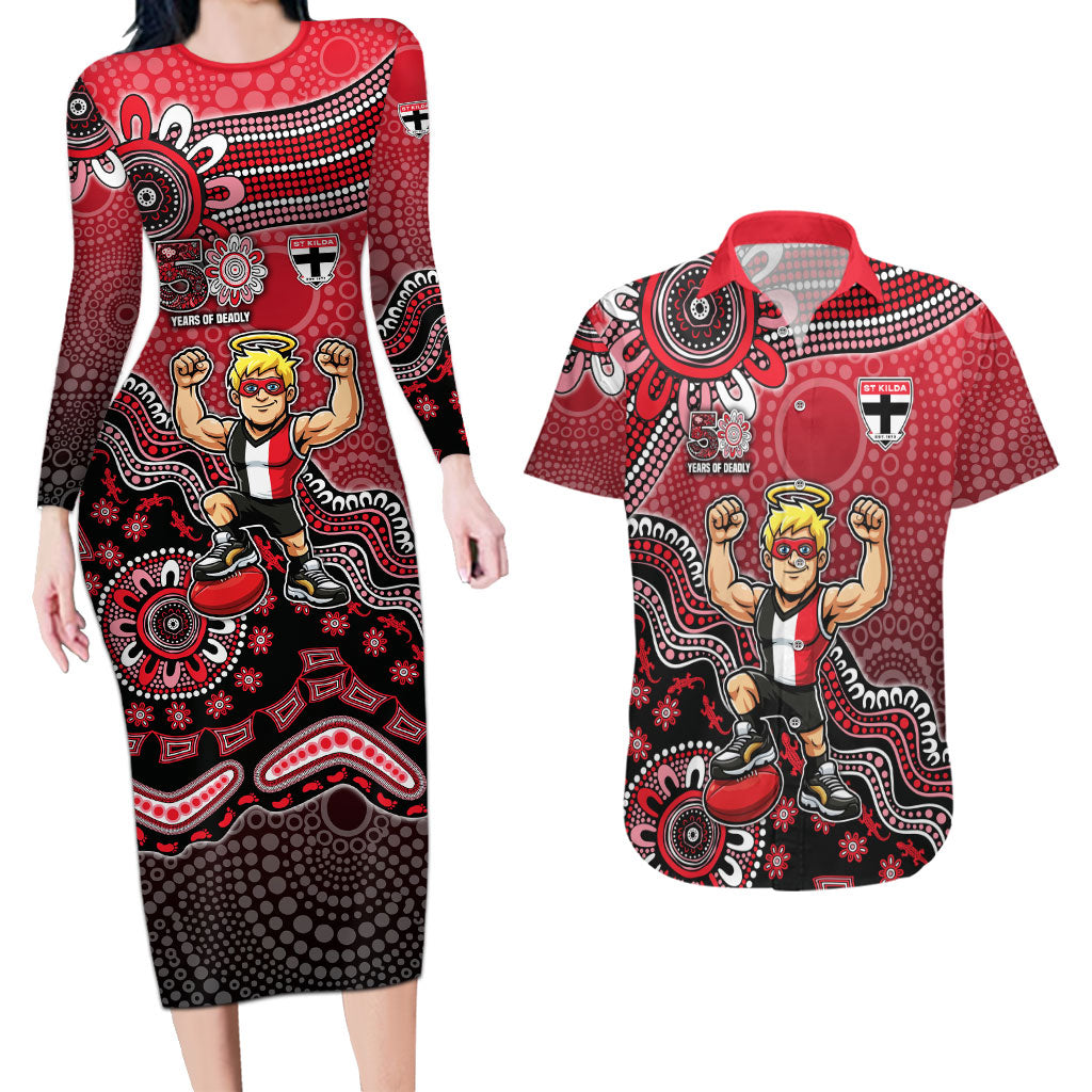 Personalized St Kilda Saints Football Mascot Couples Matching Long Sleeve Bodycon Dress and Hawaiian Shirt Aboriginal Dot Art Style Vibrant Indigenous Pattern Design