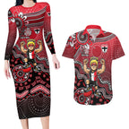 Personalized St Kilda Saints Football Mascot Couples Matching Long Sleeve Bodycon Dress and Hawaiian Shirt Aboriginal Dot Art Style Vibrant Indigenous Pattern Design