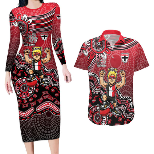Personalized St Kilda Saints Football Mascot Couples Matching Long Sleeve Bodycon Dress and Hawaiian Shirt Aboriginal Dot Art Style Vibrant Indigenous Pattern Design