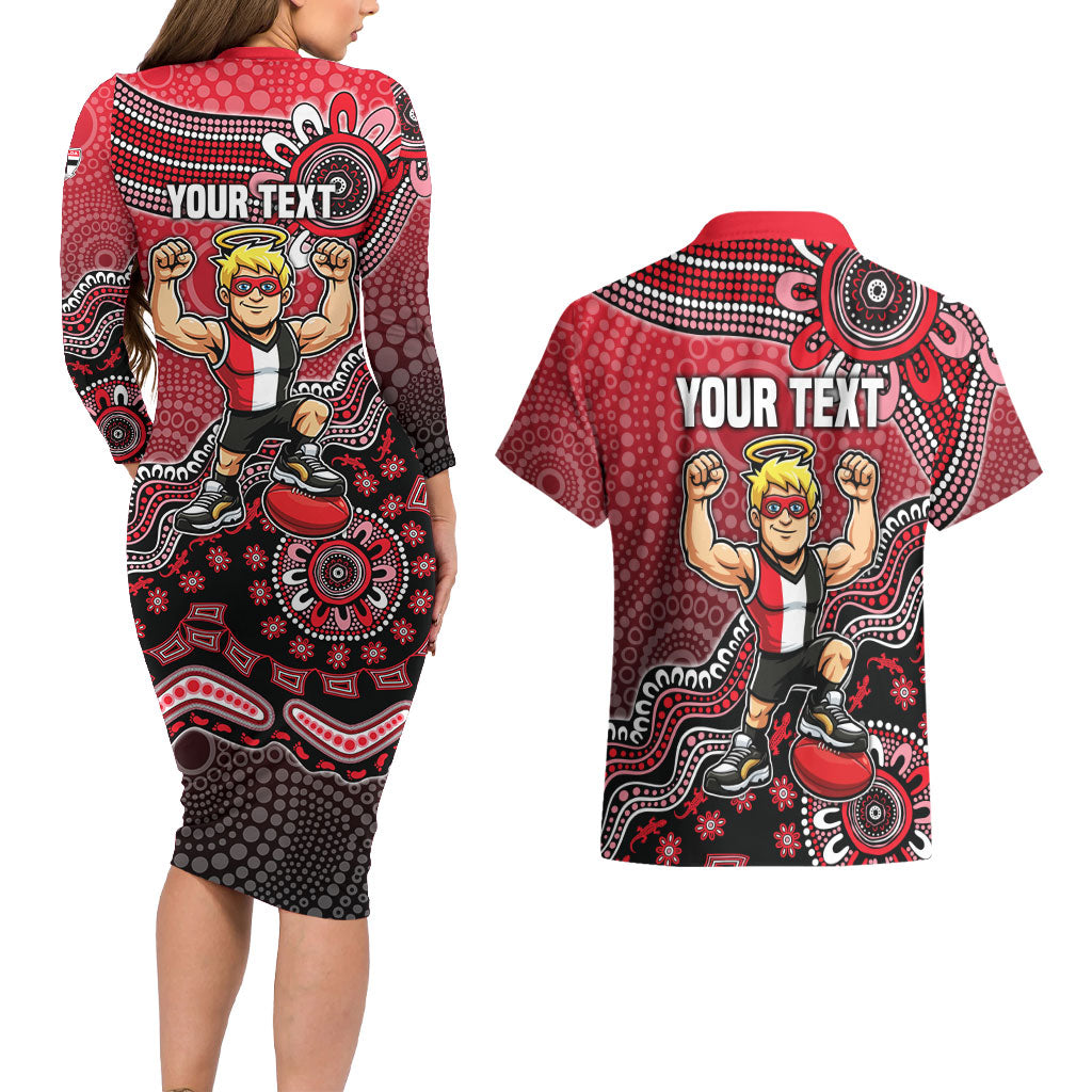 Personalized St Kilda Saints Football Mascot Couples Matching Long Sleeve Bodycon Dress and Hawaiian Shirt Aboriginal Dot Art Style Vibrant Indigenous Pattern Design