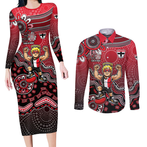 Personalized St Kilda Saints Football Mascot Couples Matching Long Sleeve Bodycon Dress and Long Sleeve Button Shirt Aboriginal Dot Art Style Vibrant Indigenous Pattern Design